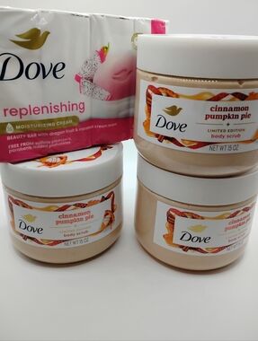 3 Dove Cinnamon Pumpkin Pie Limited Edition Body Scrub & 4 Dove Beauty Bars